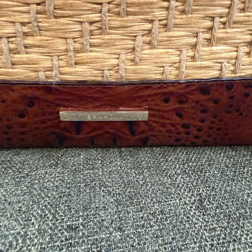 Brahmin Straw Raffia & Melbourne Embossed Leather Satchel Tote Brown Croc - Picture 10 of 13